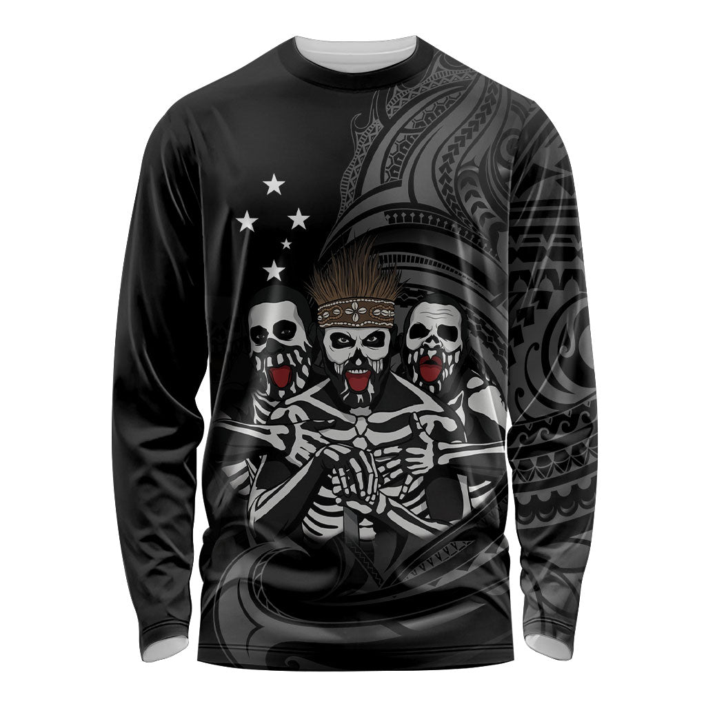 Skeleton Tribe Simbu Province Long Sleeve Shirt Papua New Guinea Indigenous Pattern LT9 Unisex Black - Polynesian Pride