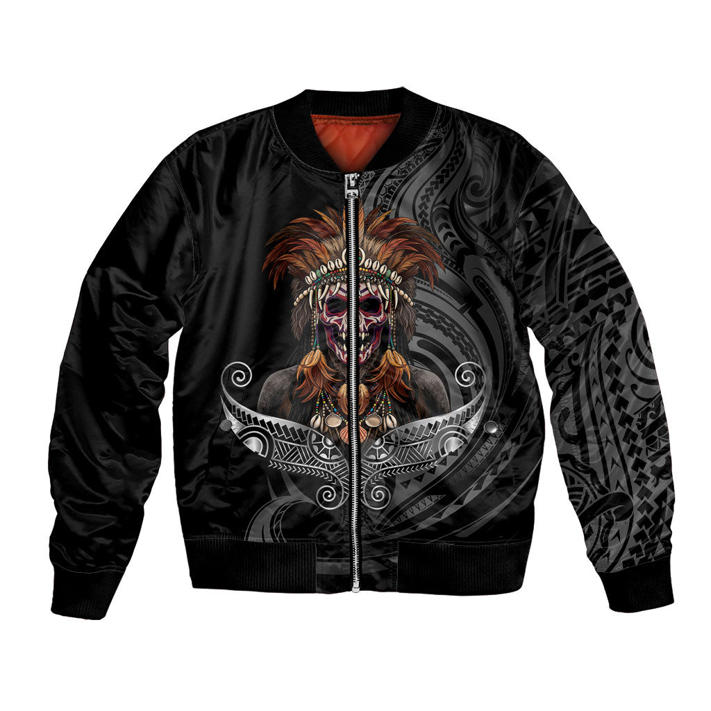 Mokomoko Tribe Eastern Highlands Province Bomber Jacket Papua New Guinea Indigenous Pattern LT9 Unisex Black - Polynesian Pride