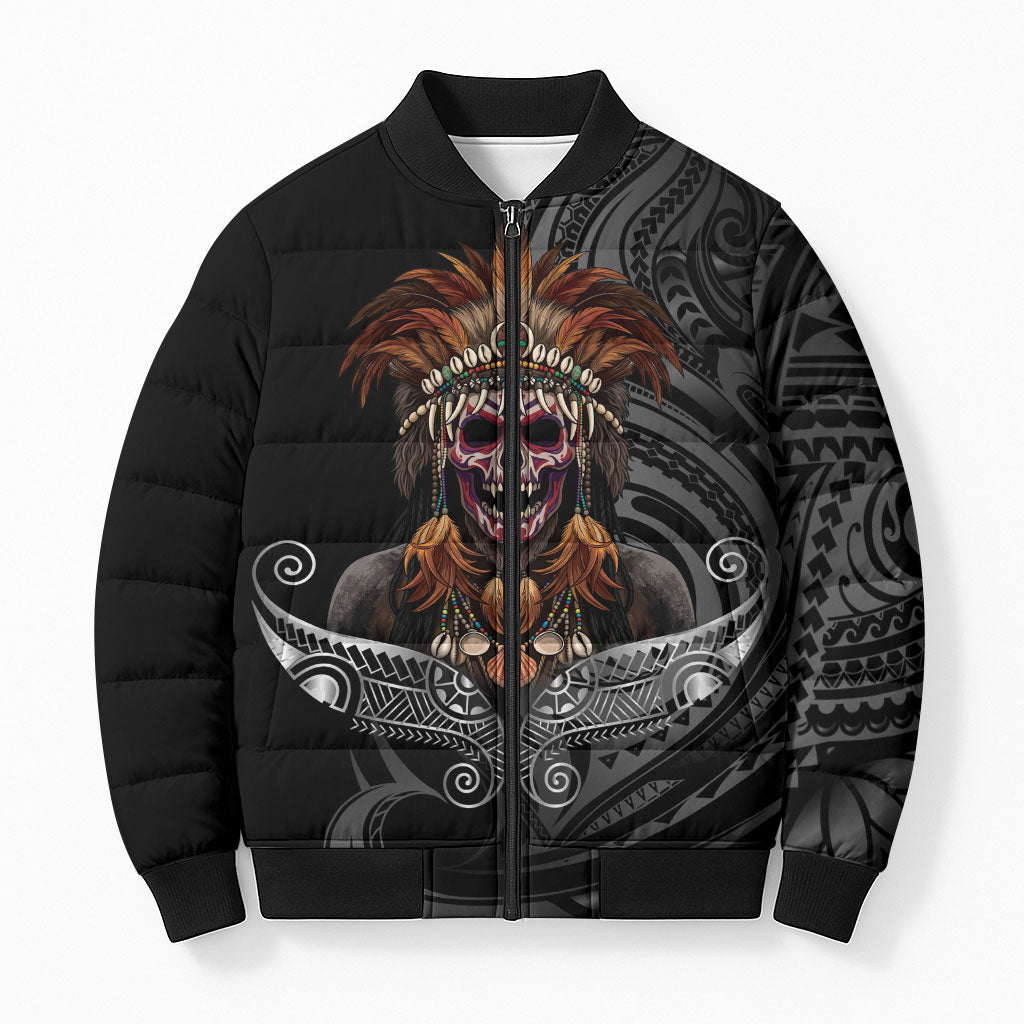 Mokomoko Tribe Eastern Highlands Province Bomber Puffer Jacket Papua New Guinea Indigenous Pattern LT9 Unisex Black - Polynesian Pride