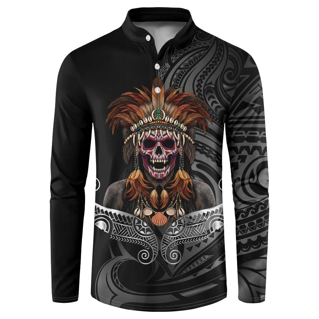 Mokomoko Tribe Eastern Highlands Province Button Sweatshirt Papua New Guinea Indigenous Pattern LT9 Black - Polynesian Pride
