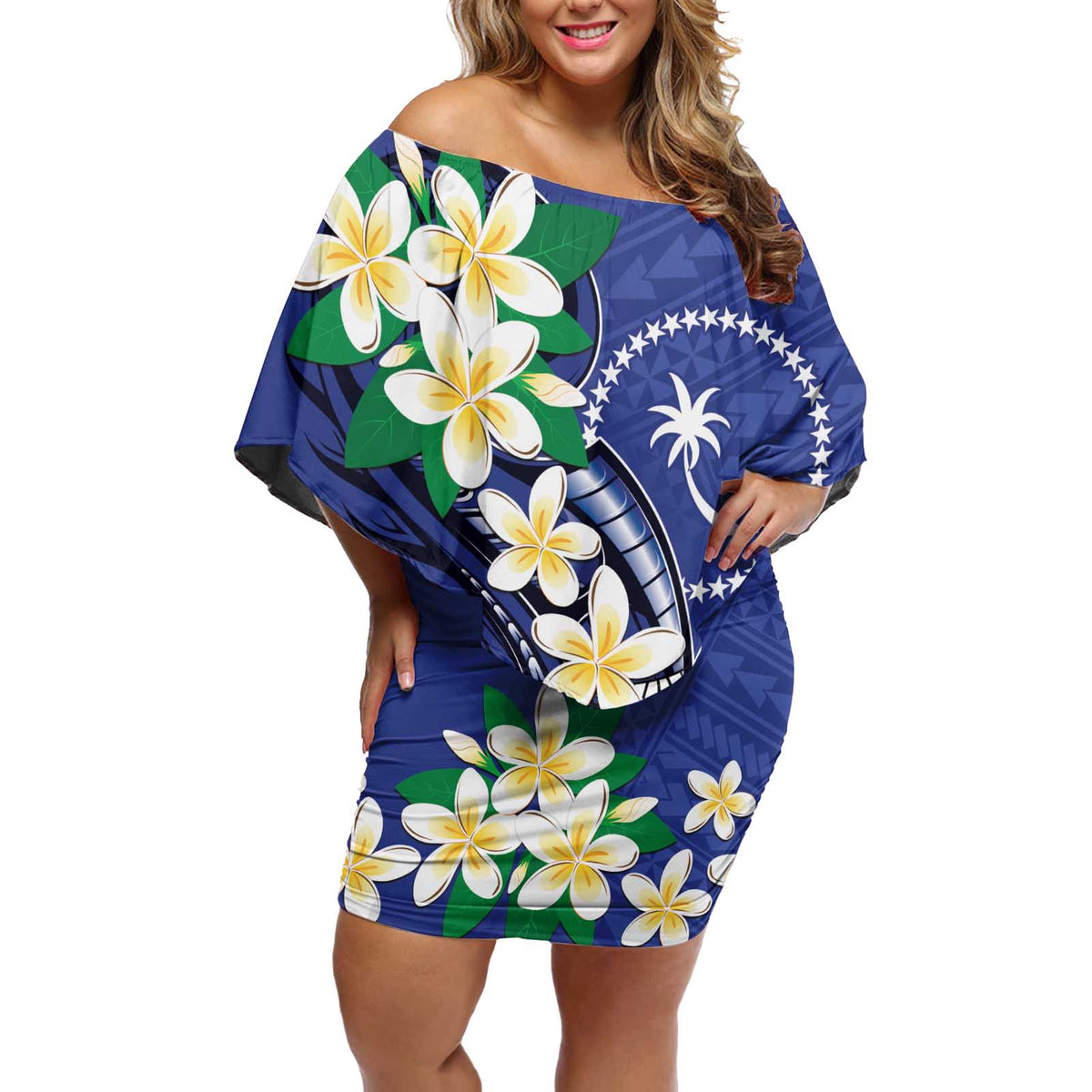 FSM Chuuk State Polynesian Shark Tattoo Personalised Off Shoulder Short Dress LT9 Women Blue - Polynesian Pride