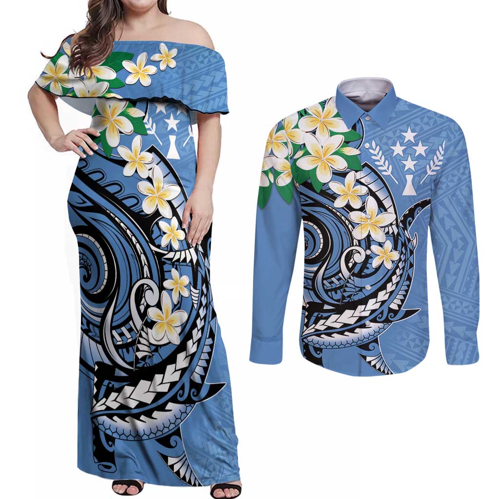 FSM Kosrae Polynesian Shark Tattoo Personalised Couples Matching Off Shoulder Maxi Dress and Long Sleeve Button Shirt