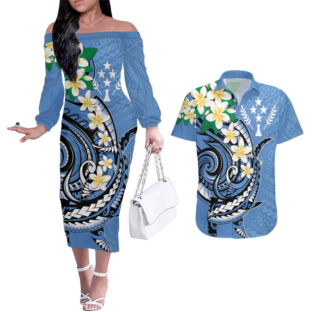 FSM Kosrae Polynesian Shark Tattoo Personalised Couples Matching Off The Shoulder Long Sleeve Dress and Hawaiian Shirt