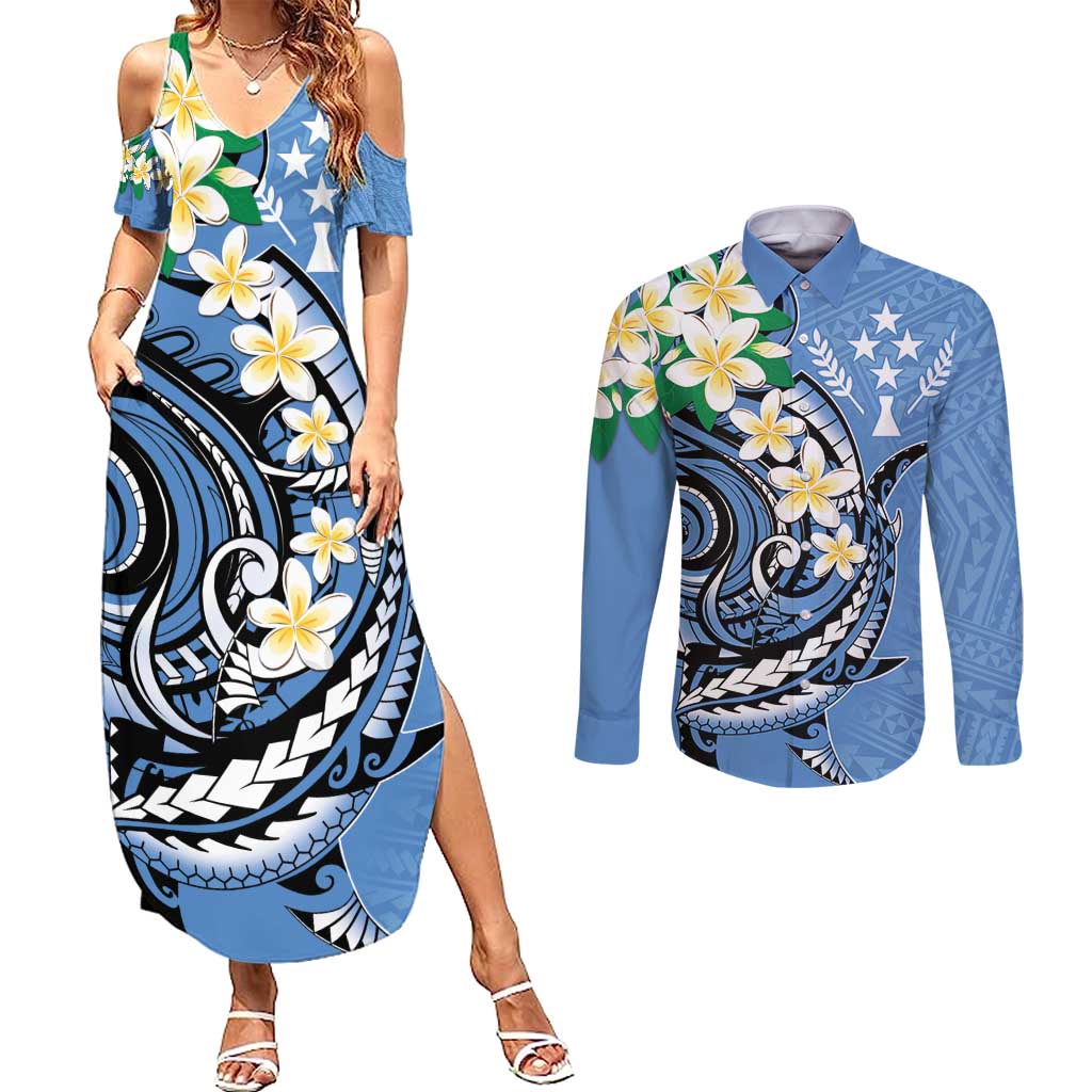 FSM Kosrae Polynesian Shark Tattoo Personalised Couples Matching Summer Maxi Dress and Long Sleeve Button Shirt LT9 Blue - Polynesian Pride