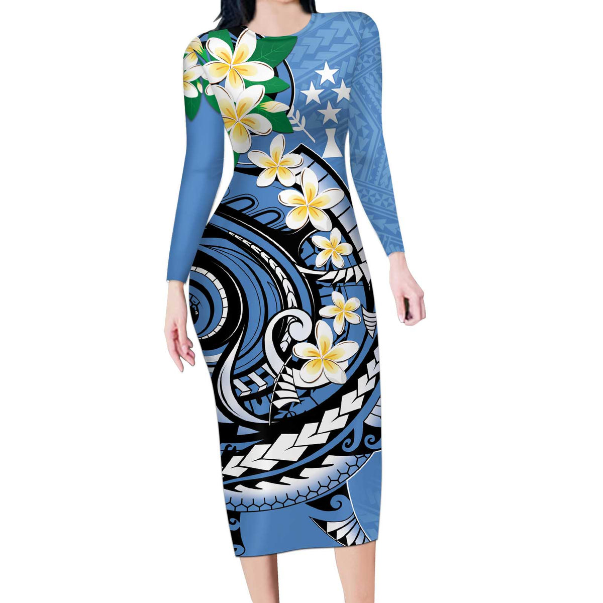 FSM Kosrae Polynesian Shark Tattoo Personalised Long Sleeve Bodycon Dress LT9 Long Dress Blue - Polynesian Pride