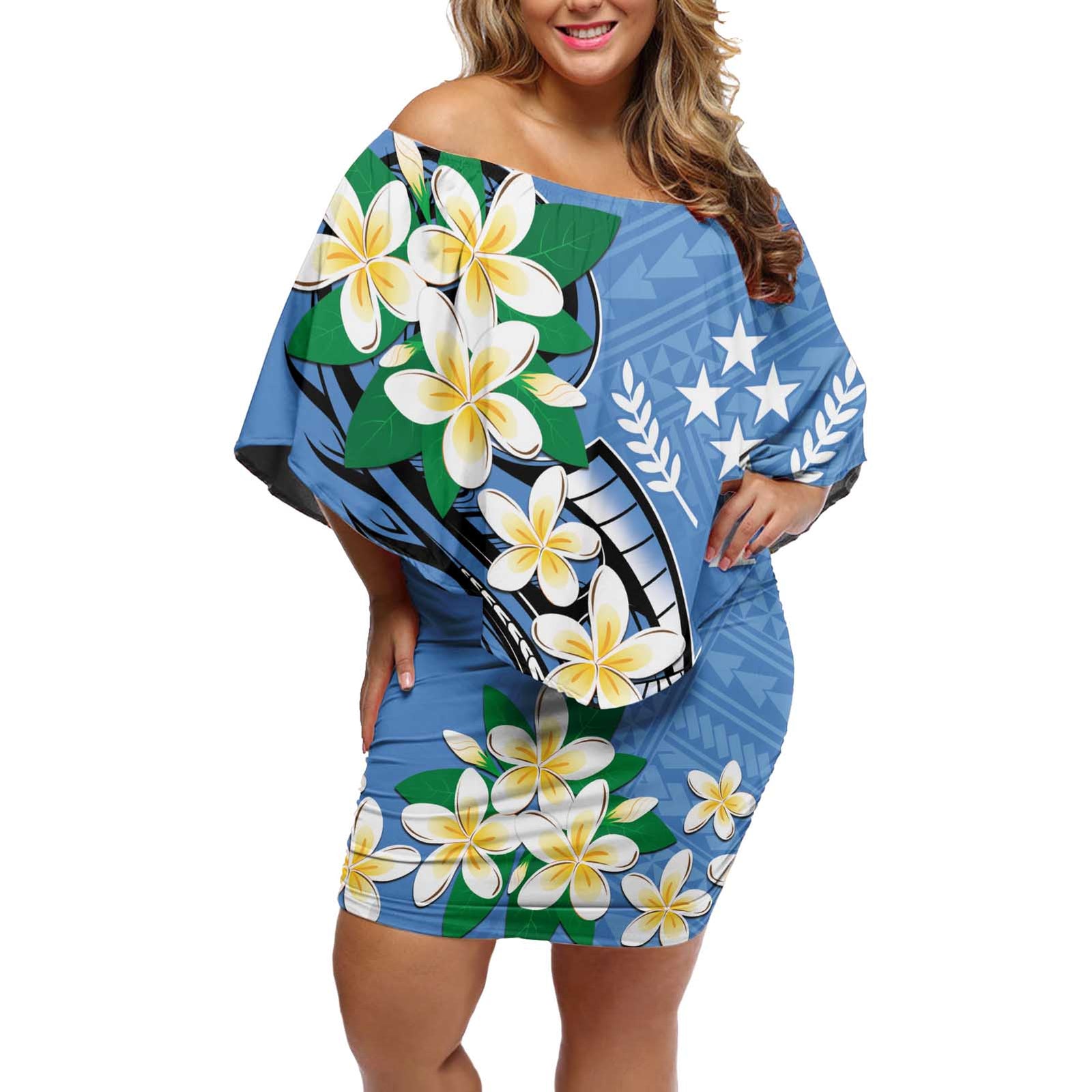 FSM Kosrae Polynesian Shark Tattoo Personalised Off Shoulder Short Dress LT9 Women Blue - Polynesian Pride