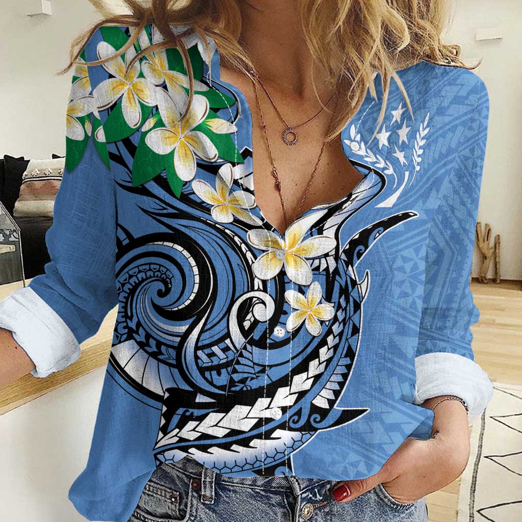 FSM Kosrae Polynesian Shark Tattoo Personalised Women Casual Shirt LT9 Female Blue - Polynesian Pride
