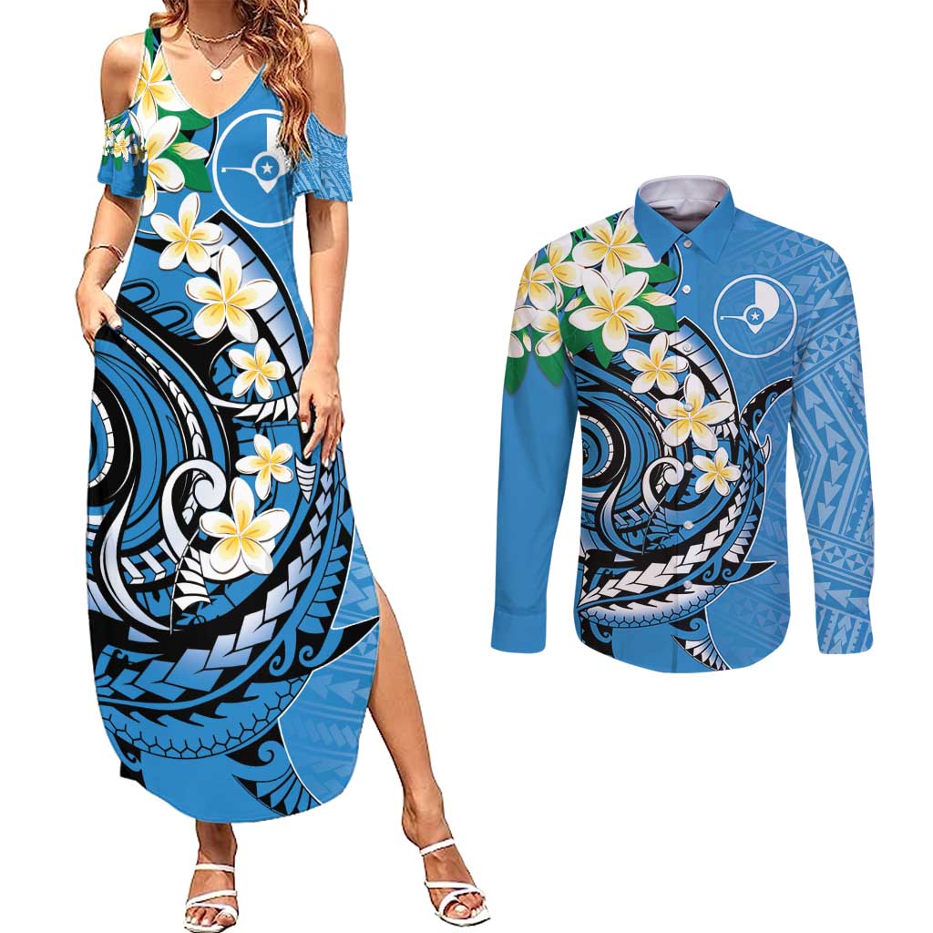 FSM Yap State Polynesian Shark Tattoo Personalised Couples Matching Summer Maxi Dress and Long Sleeve Button Shirt LT9 Blue - Polynesian Pride