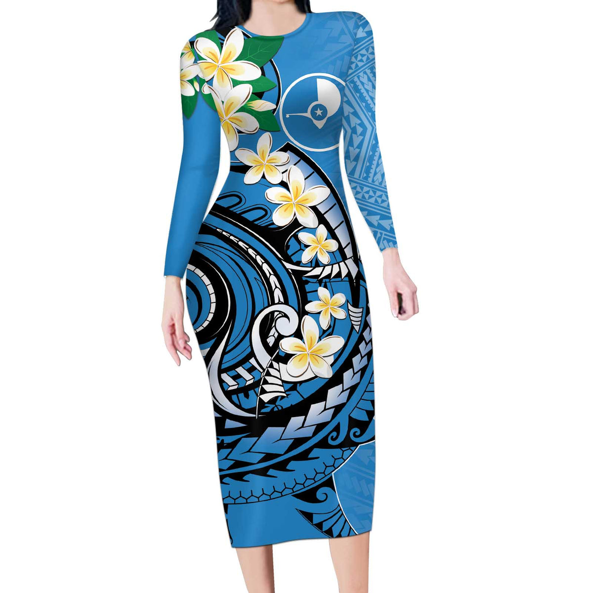 FSM Yap State Polynesian Shark Tattoo Personalised Long Sleeve Bodycon Dress LT9 Long Dress Blue - Polynesian Pride