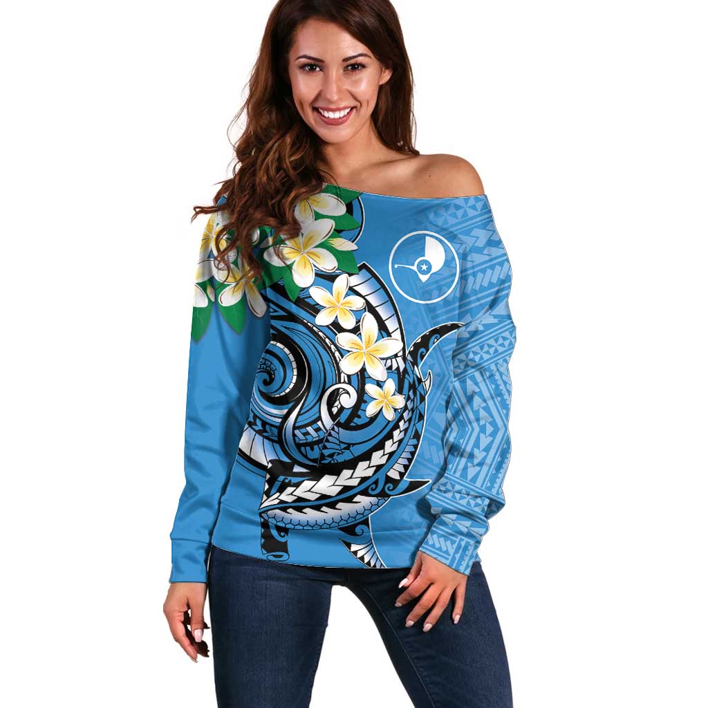 FSM Yap State Polynesian Shark Tattoo Personalised Off Shoulder Sweater LT9 Women Blue - Polynesian Pride
