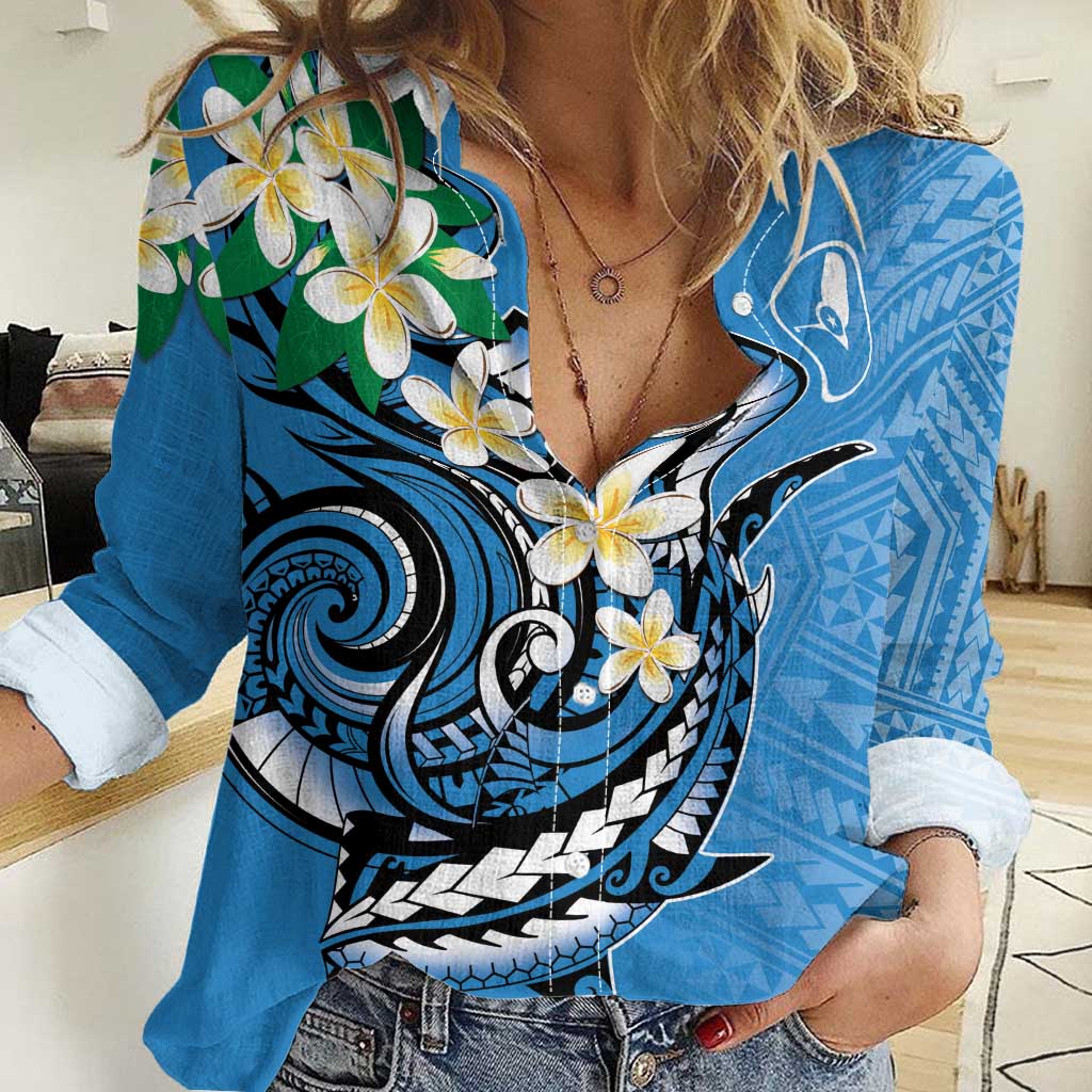 FSM Yap State Polynesian Shark Tattoo Personalised Women Casual Shirt LT9 Female Blue - Polynesian Pride
