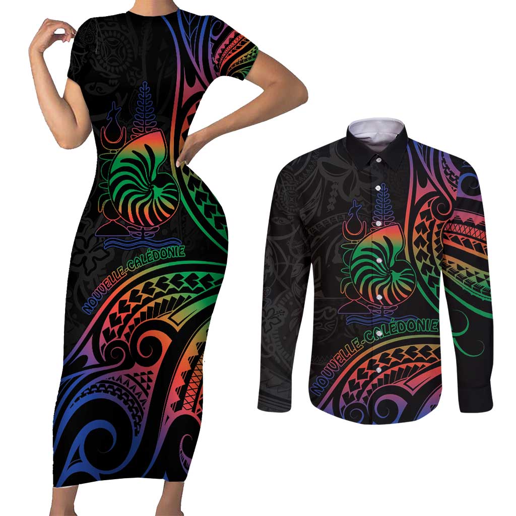 New Caledonia Polynesian Tatoo Personalised Couples Matching Short Sleeve Bodycon Dress and Long Sleeve Button Shirt