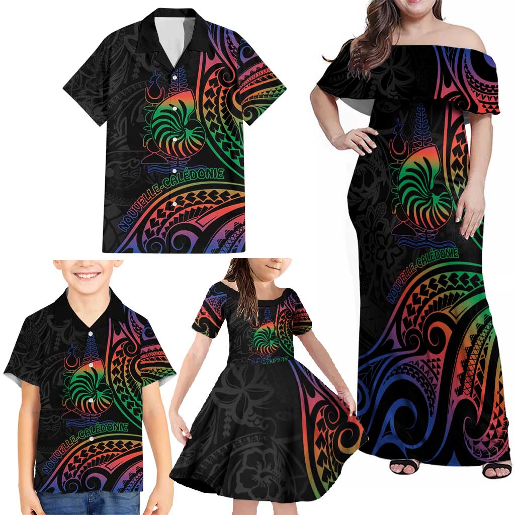 New Caledonia Polynesian Tatoo Personalised Family Matching Off Shoulder Maxi Dress and Hawaiian Shirt