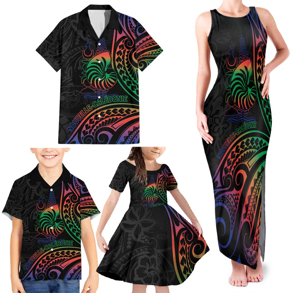 New Caledonia Polynesian Tatoo Personalised Family Matching Tank Maxi Dress and Hawaiian Shirt