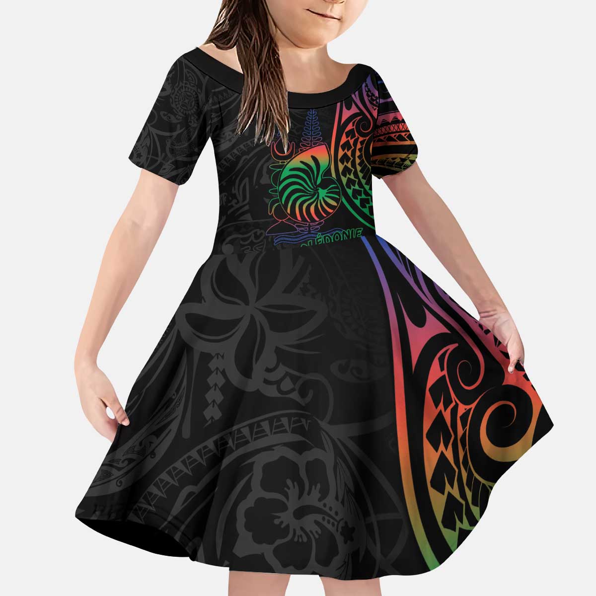 New Caledonia Polynesian Tatoo Personalised Kid Short Sleeve Dress LT9 KID Black - Polynesian Pride
