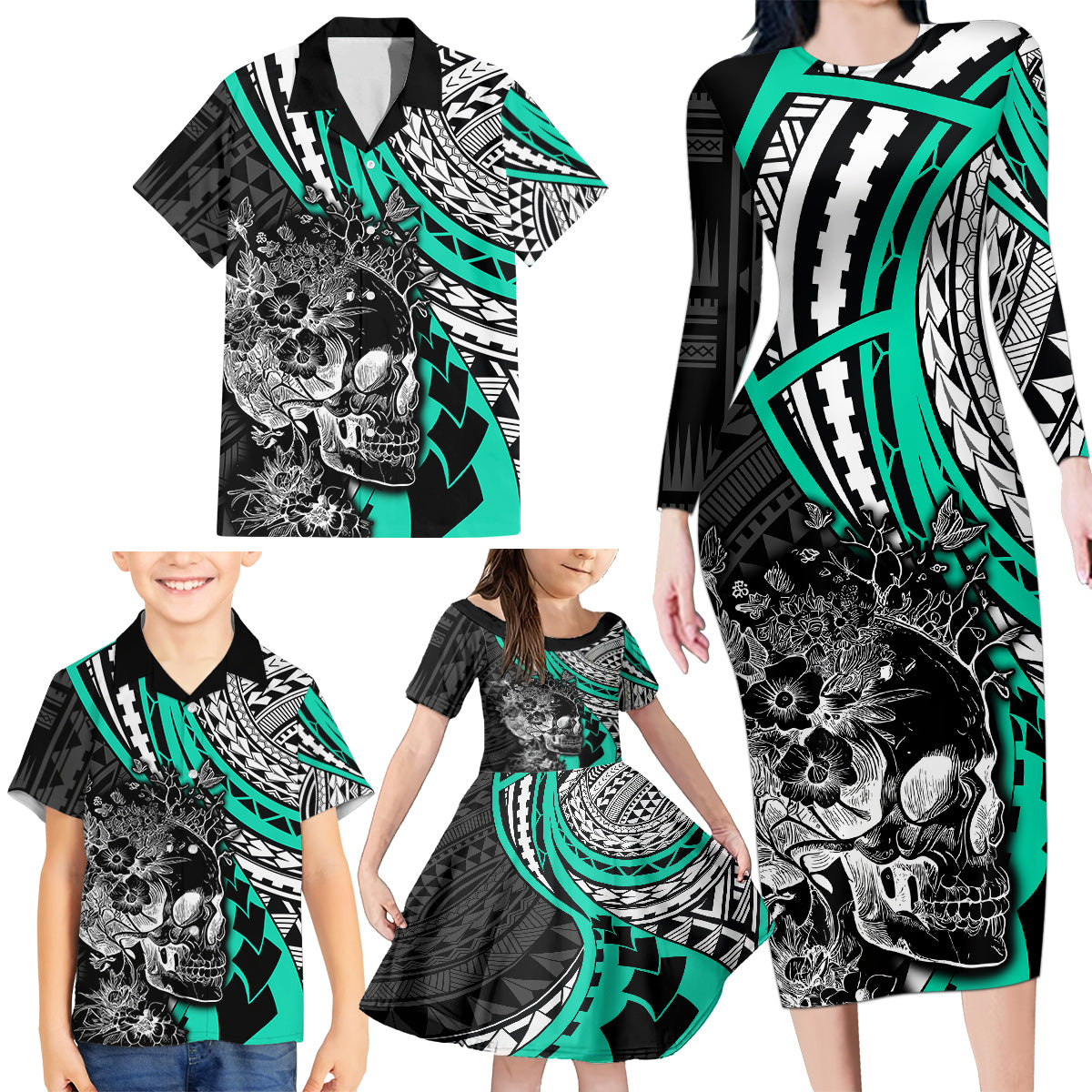 personalised-polynesia-skull-family-matching-long-sleeve-bodycon-dress-and-hawaiian-shirt-tattoo-in-the-style-of-maori-with-marine-life-aqua