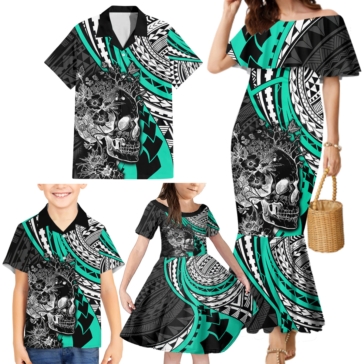 personalised-polynesia-skull-family-matching-mermaid-dress-and-hawaiian-shirt-tattoo-in-the-style-of-maori-with-marine-life-aqua