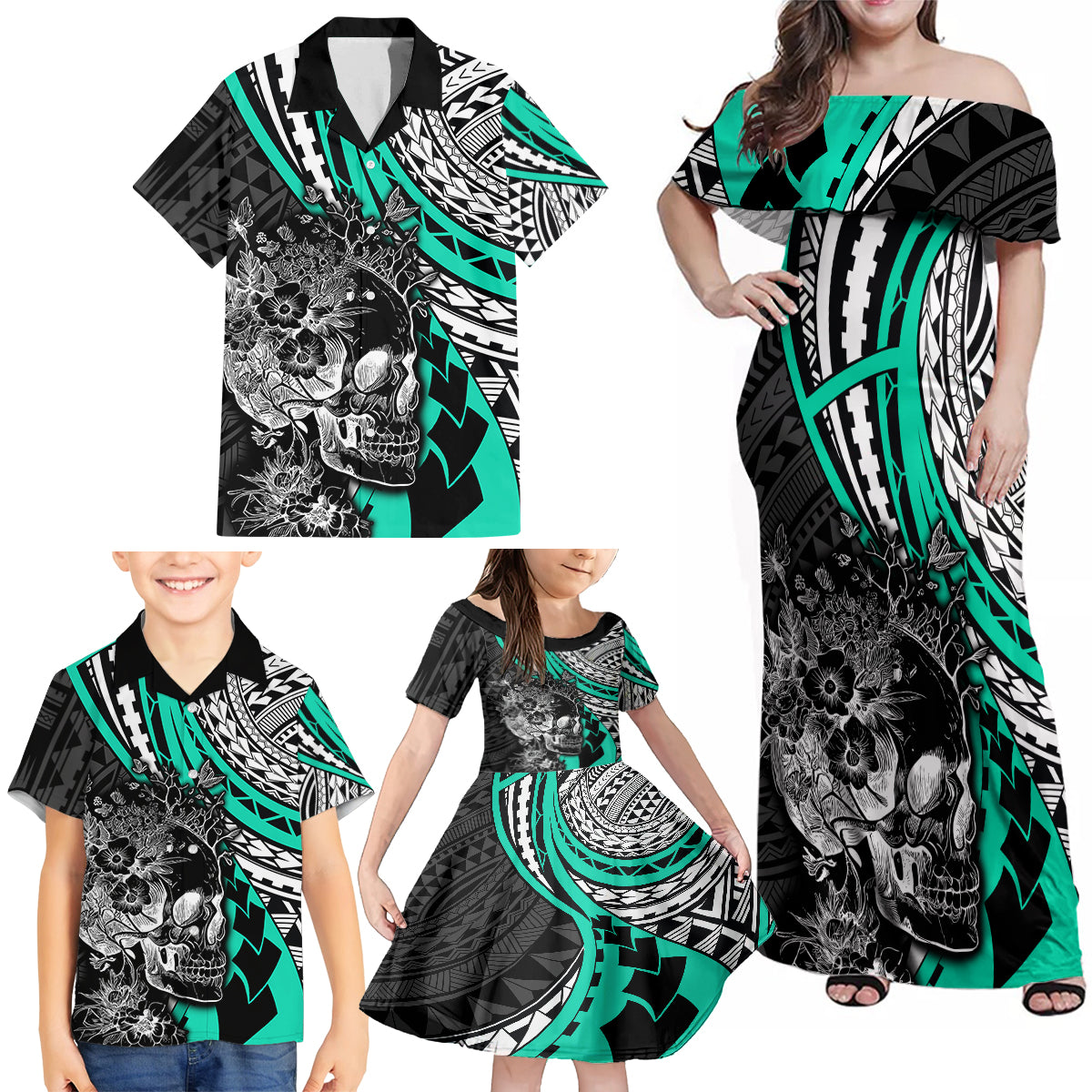 personalised-polynesia-skull-family-matching-off-shoulder-maxi-dress-and-hawaiian-shirt-tattoo-in-the-style-of-maori-with-marine-life-aqua