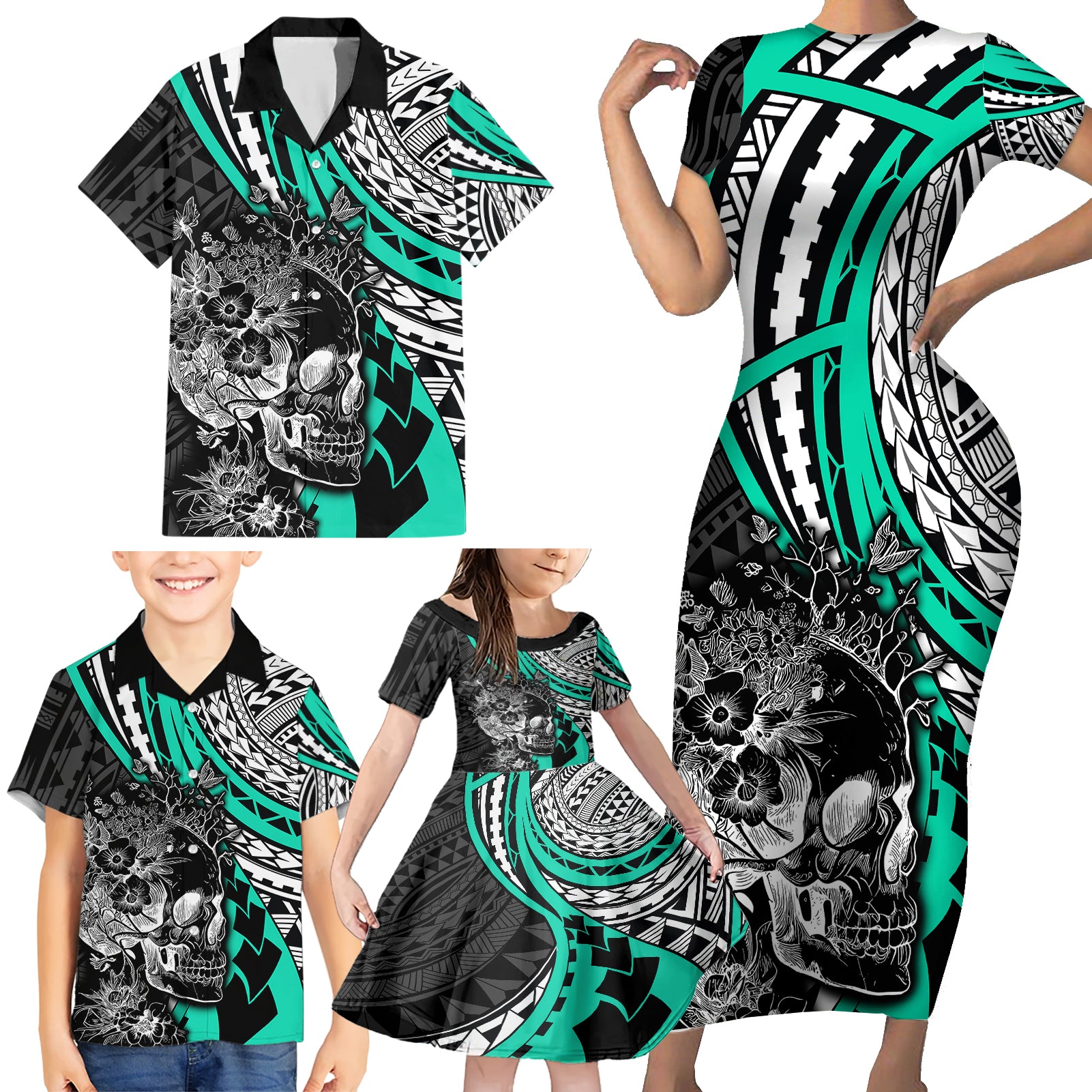 personalised-polynesia-skull-family-matching-short-sleeve-bodycon-dress-and-hawaiian-shirt-tattoo-in-the-style-of-maori-with-marine-life-aqua