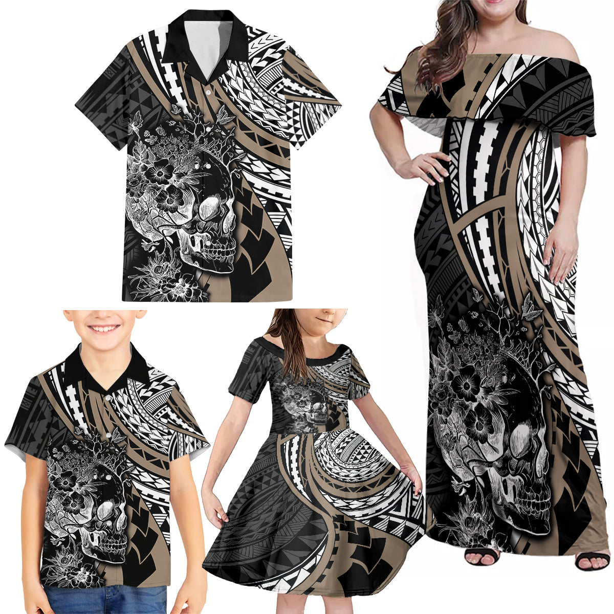 personalised-polynesia-skull-family-matching-off-shoulder-maxi-dress-and-hawaiian-shirt-tattoo-in-the-style-of-maori-with-marine-life-gold