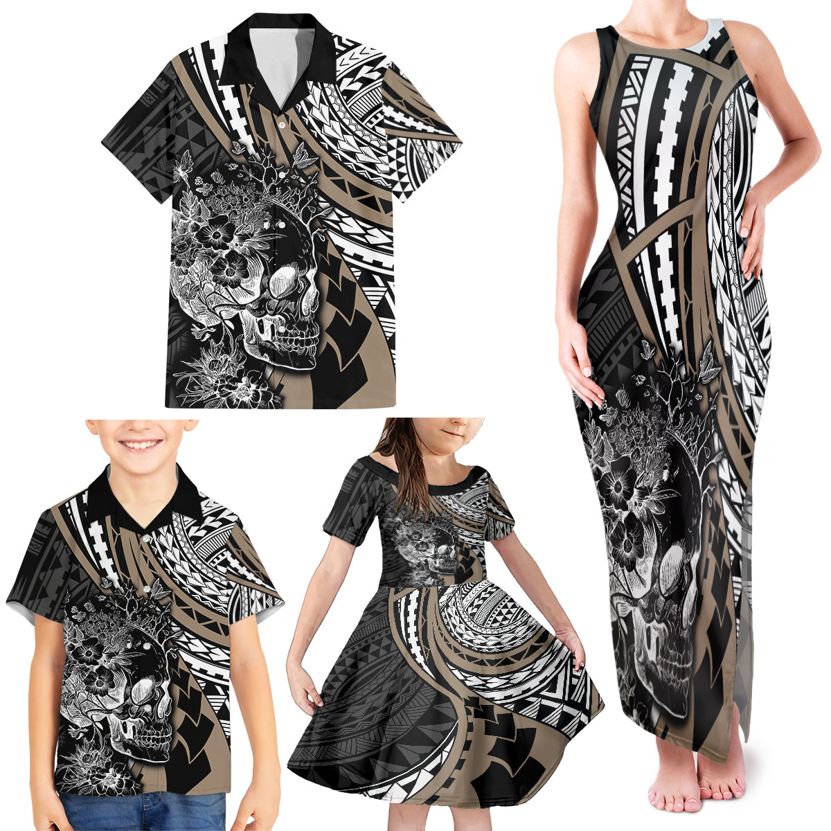 personalised-polynesia-skull-family-matching-tank-maxi-dress-and-hawaiian-shirt-tattoo-in-the-style-of-maori-with-marine-life-gold