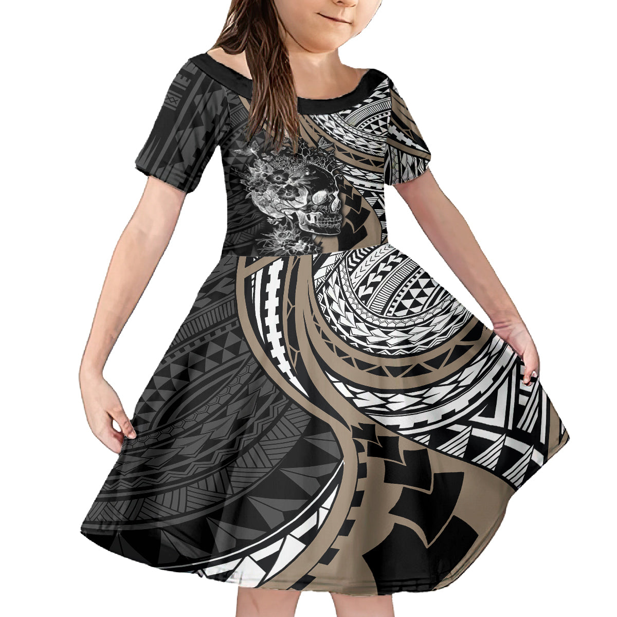 Personalised Polynesia Skull Kid Short Sleeve Dress Tattoo In The Style Of Maori With Marine Life Gold LT9 KID Gold - Polynesian Pride