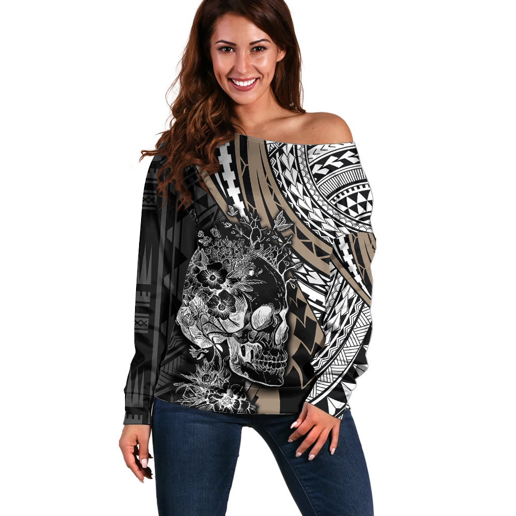 Personalised Polynesia Skull Off Shoulder Sweater Tattoo In The Style Of Maori With Marine Life Gold LT9 Women Gold - Polynesian Pride