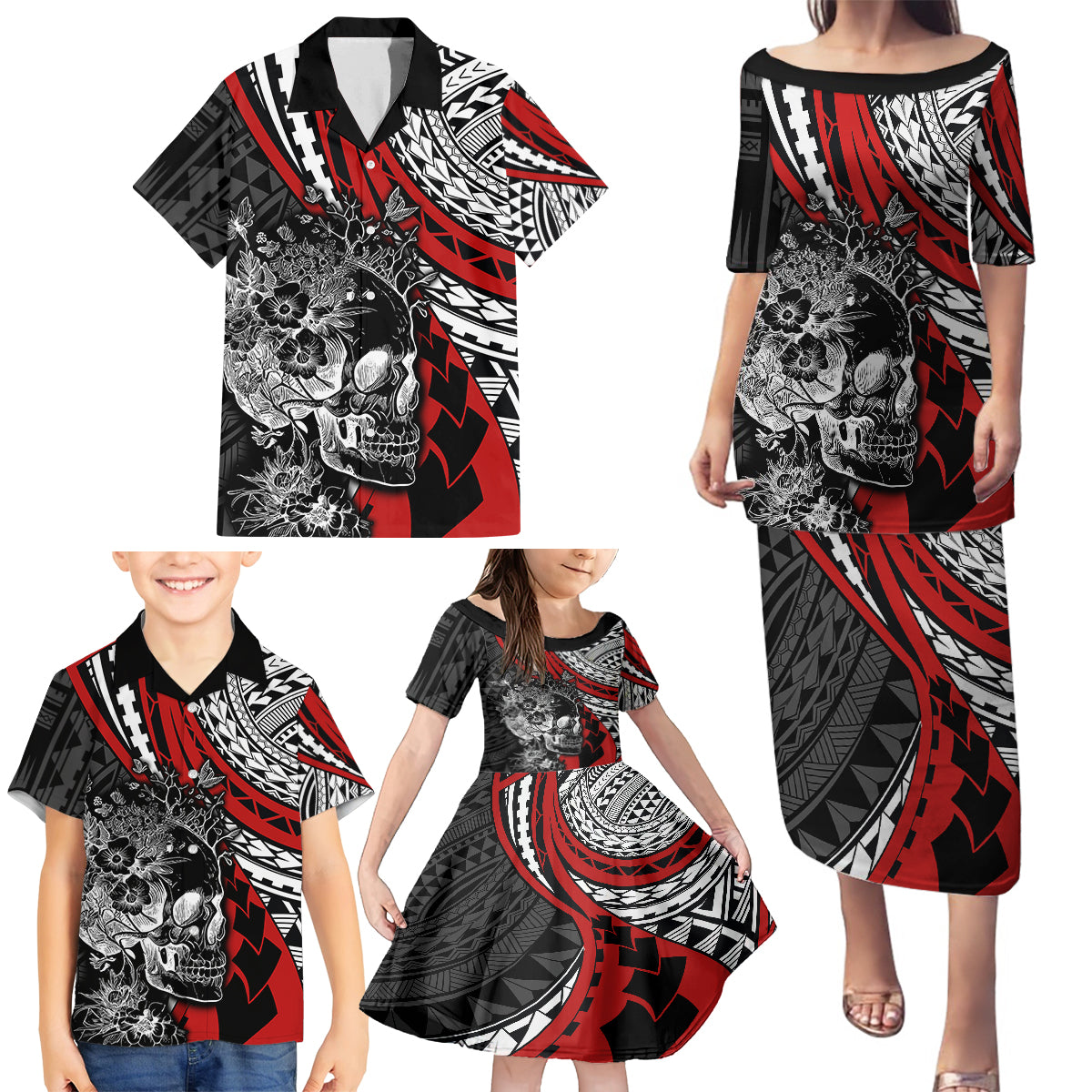 Personalised Polynesia Skull Family Matching Puletasi Dress and Hawaiian Shirt Tattoo In The Style Of Maori With Marine Life Red LT9 - Polynesian Pride