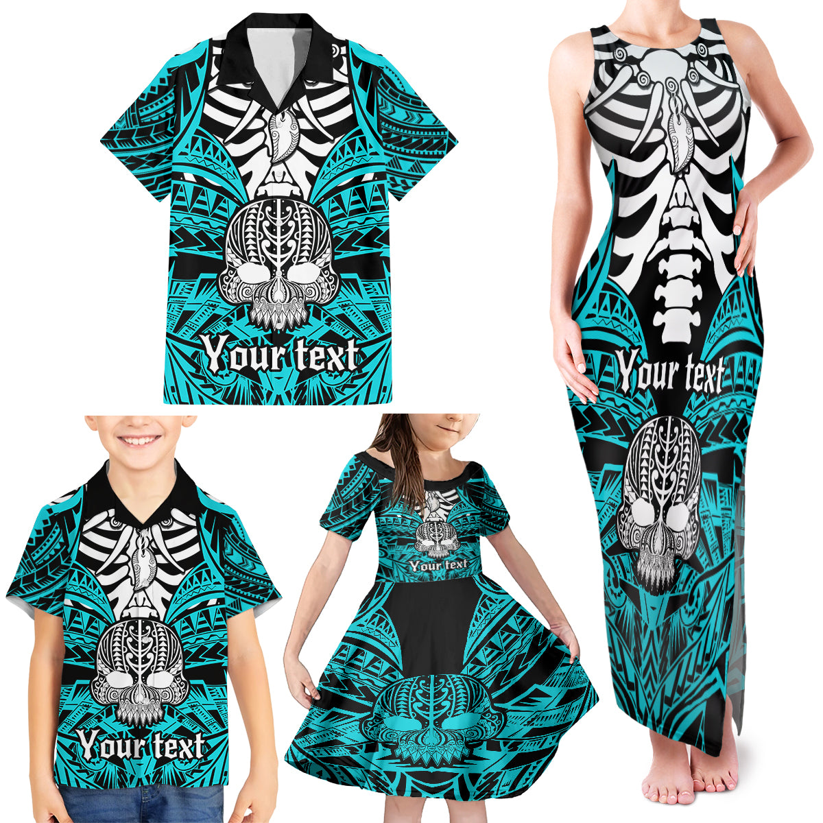 personalised-polynesia-skull-family-matching-tank-maxi-dress-and-hawaiian-shirt-with-boars-tusk-aqua-arty-vibe