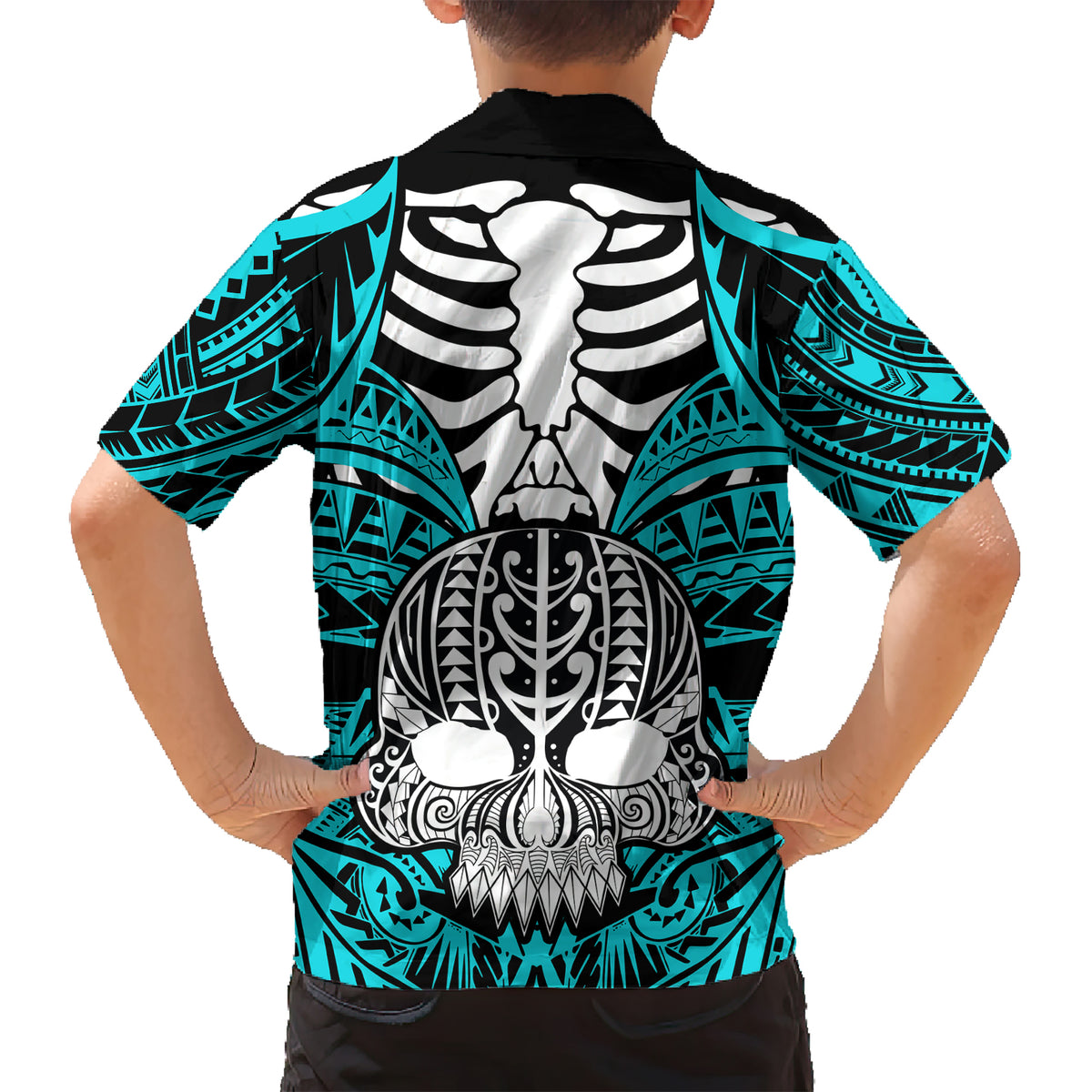 Personalised Polynesia Skull Kid Hawaiian Shirt With Boars Tusk Aqua Arty Vibe LT9 - Polynesian Pride