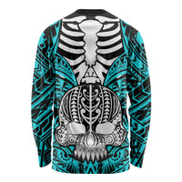 Personalised Polynesia Skull Long Sleeve Shirt With Boars Tusk Aqua Arty Vibe LT9 - Polynesian Pride