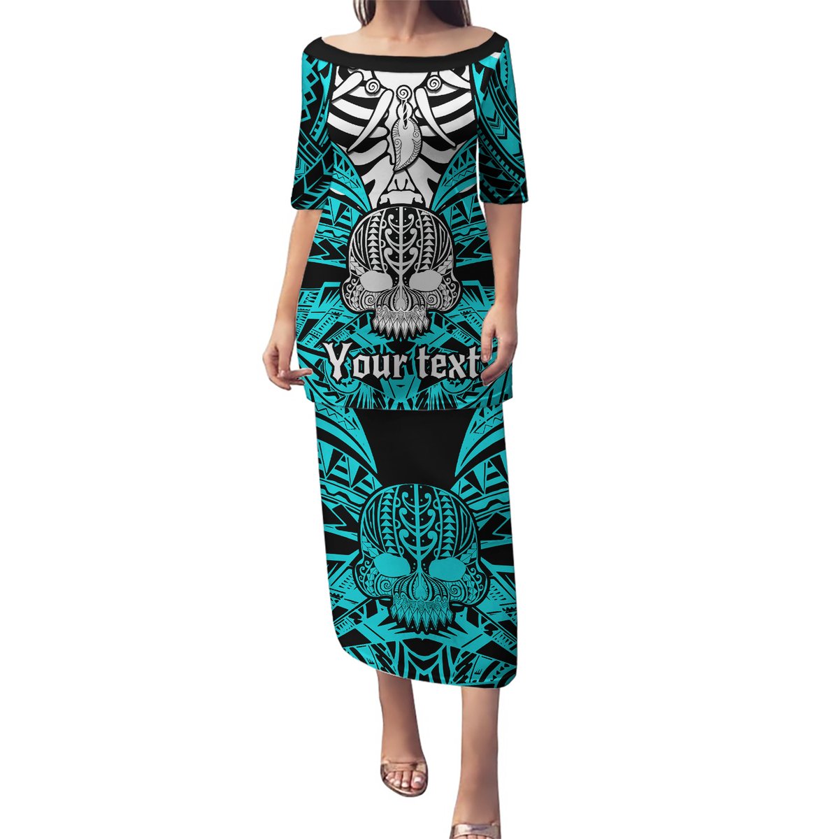 Personalised Polynesia Skull Puletasi With Boars Tusk Aqua Arty Vibe LT9 Long Dress Aqua - Polynesian Pride
