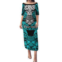 Personalised Polynesia Skull Puletasi With Boars Tusk Aqua Arty Vibe LT9 Long Dress Aqua - Polynesian Pride