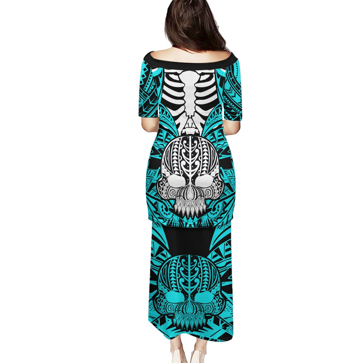 Personalised Polynesia Skull Puletasi With Boars Tusk Aqua Arty Vibe LT9 - Polynesian Pride