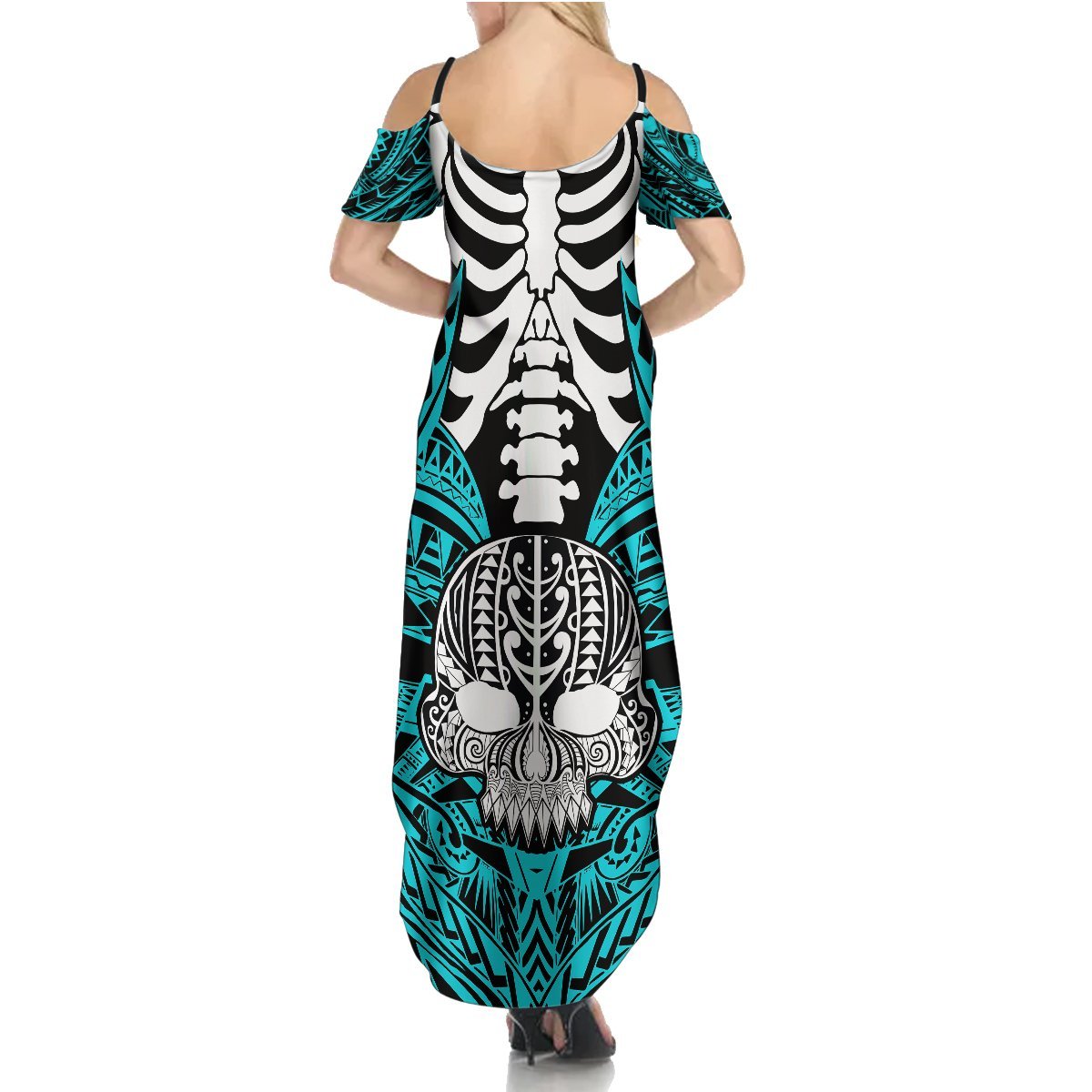 Personalised Polynesia Skull Summer Maxi Dress With Boars Tusk Aqua Arty Vibe LT9 - Polynesian Pride