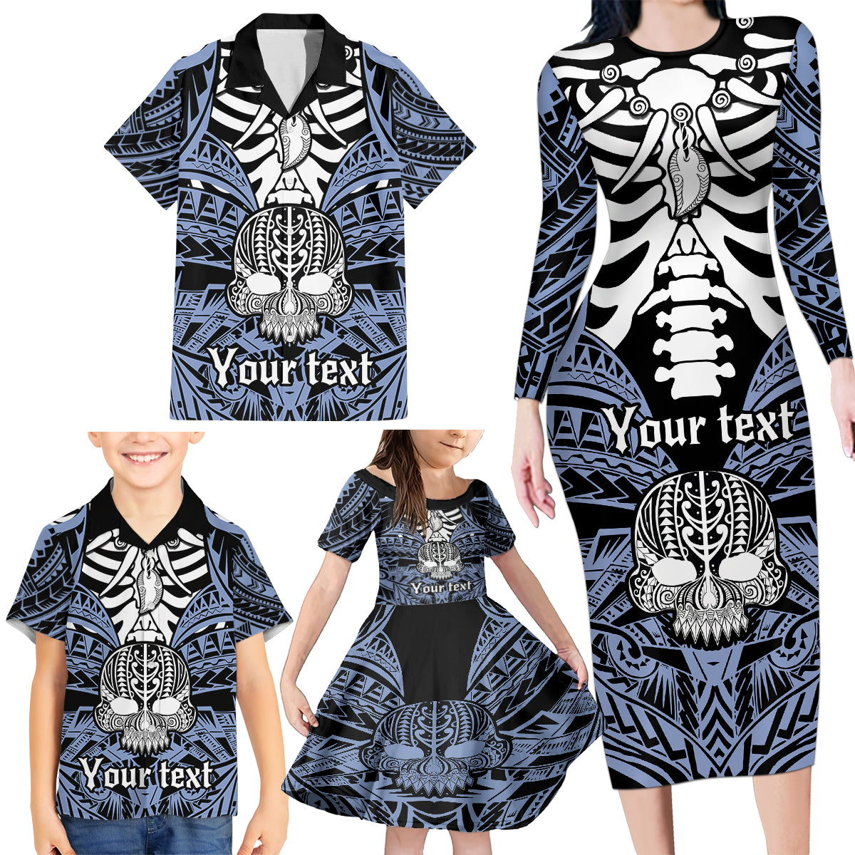 personalised-polynesia-skull-family-matching-long-sleeve-bodycon-dress-and-hawaiian-shirt-with-boars-tusk-blue-arty-vibe