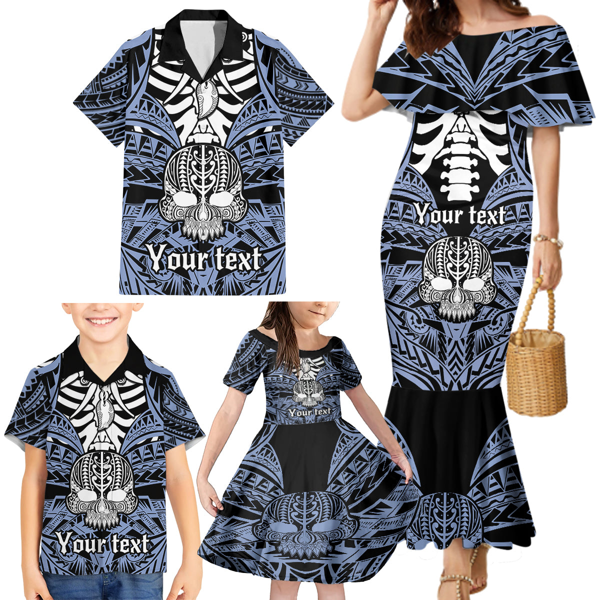 personalised-polynesia-skull-family-matching-mermaid-dress-and-hawaiian-shirt-with-boars-tusk-blue-arty-vibe