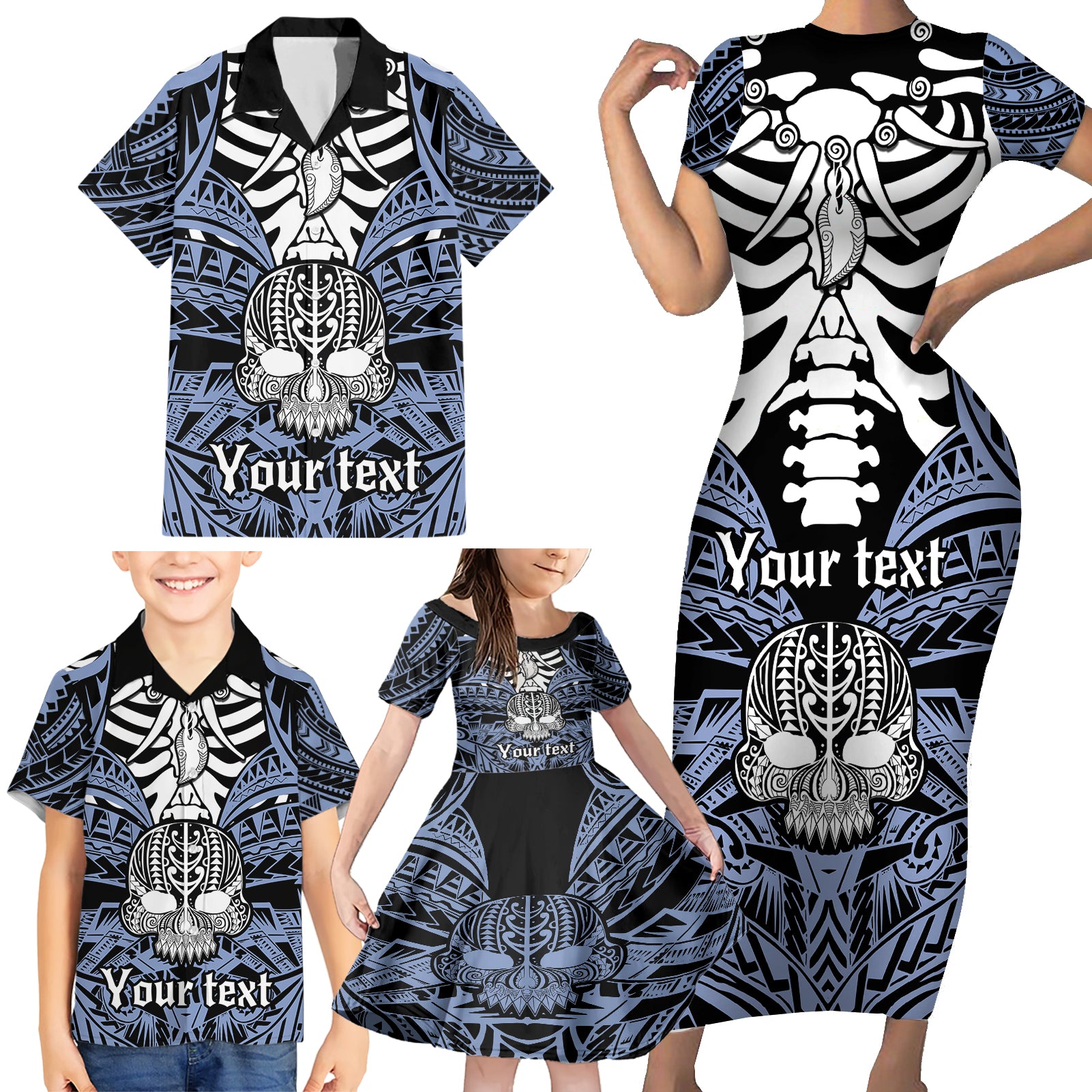 personalised-polynesia-skull-family-matching-short-sleeve-bodycon-dress-and-hawaiian-shirt-with-boars-tusk-blue-arty-vibe