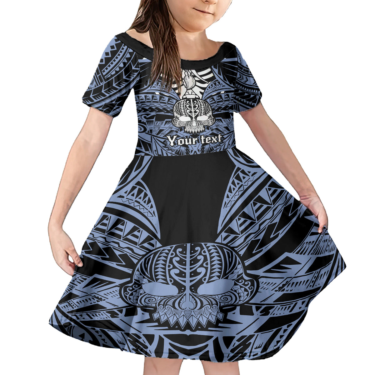 Personalised Polynesia Skull Kid Short Sleeve Dress With Boars Tusk Blue Arty Vibe LT9 KID Blue - Polynesian Pride
