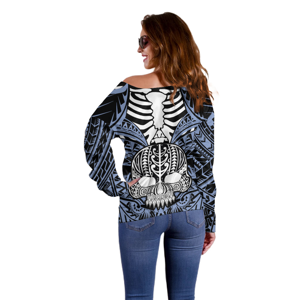 Personalised Polynesia Skull Off Shoulder Sweater With Boars Tusk Blue Arty Vibe LT9 - Polynesian Pride