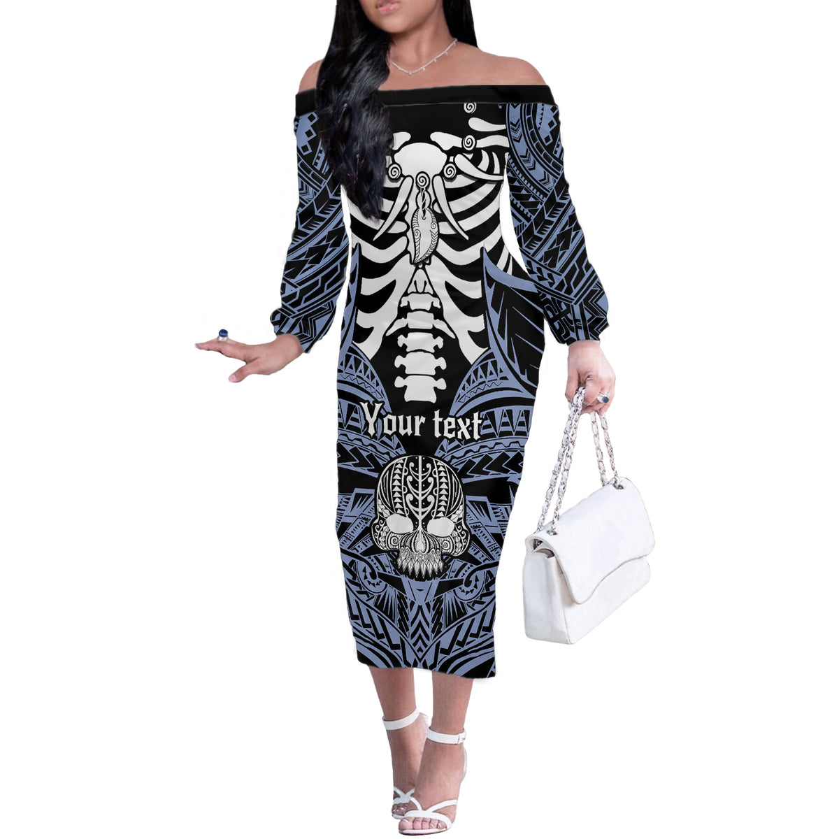 Personalised Polynesia Skull Off The Shoulder Long Sleeve Dress With Boars Tusk Blue Arty Vibe LT9 Women Blue - Polynesian Pride