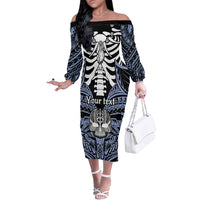 Personalised Polynesia Skull Off The Shoulder Long Sleeve Dress With Boars Tusk Blue Arty Vibe LT9 Women Blue - Polynesian Pride