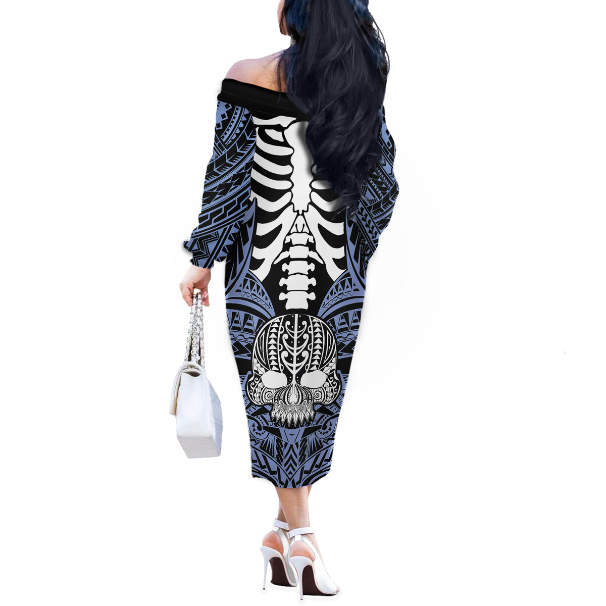 Personalised Polynesia Skull Off The Shoulder Long Sleeve Dress With Boars Tusk Blue Arty Vibe LT9 - Polynesian Pride