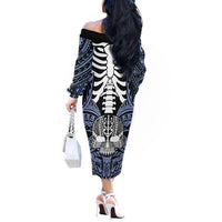 Personalised Polynesia Skull Off The Shoulder Long Sleeve Dress With Boars Tusk Blue Arty Vibe LT9 - Polynesian Pride