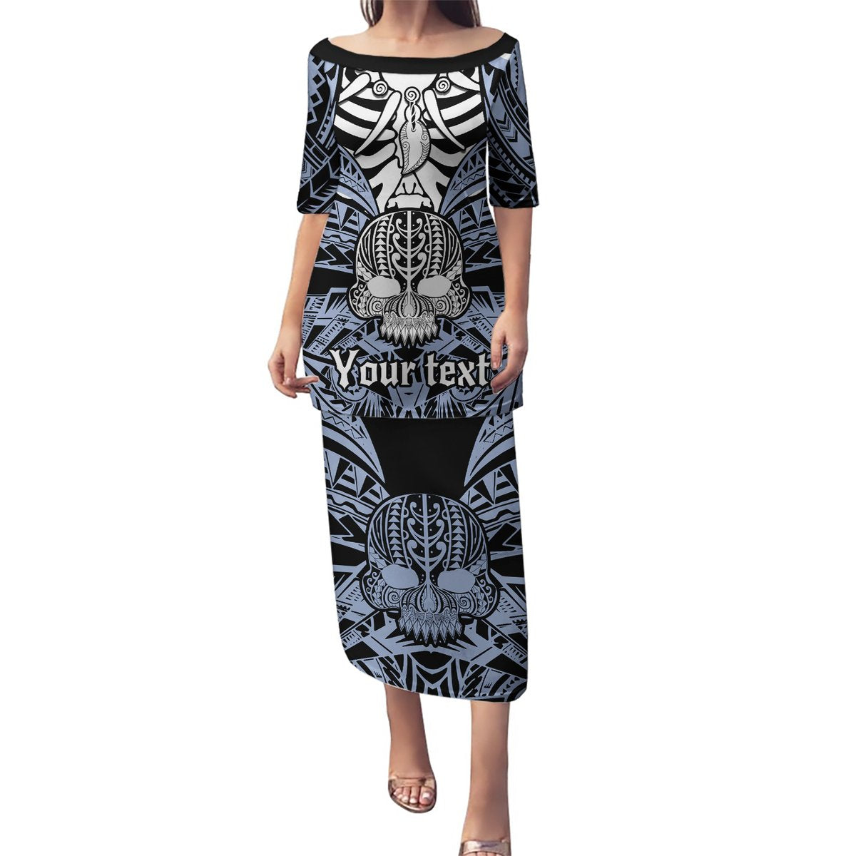 Personalised Polynesia Skull Puletasi With Boars Tusk Blue Arty Vibe LT9 Long Dress Blue - Polynesian Pride