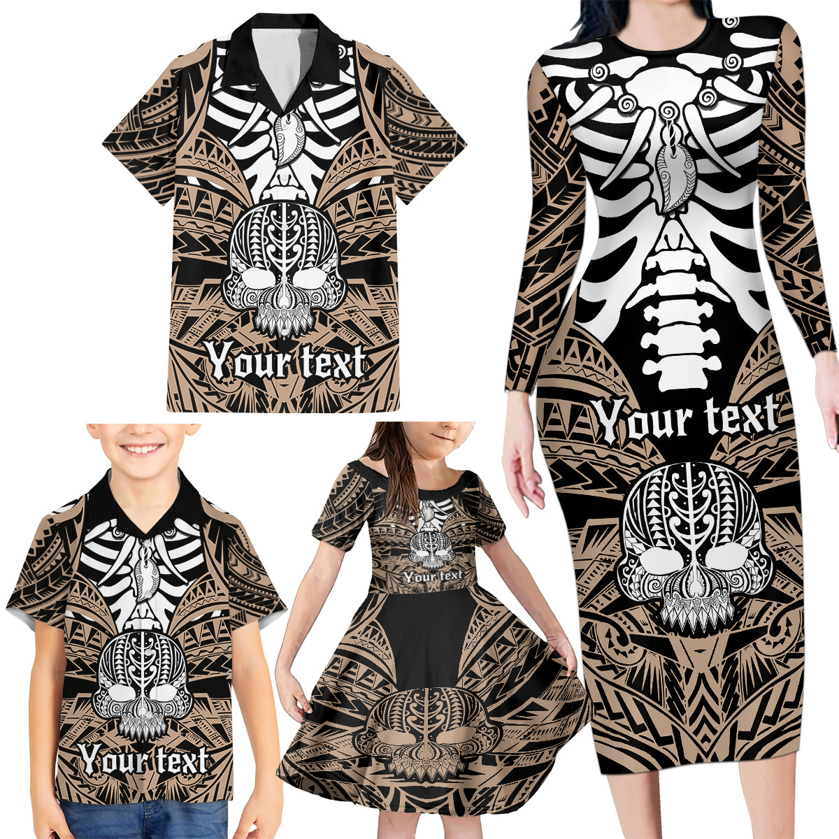 personalised-polynesia-skull-family-matching-long-sleeve-bodycon-dress-and-hawaiian-shirt-with-boars-tusk-gold-arty-vibe