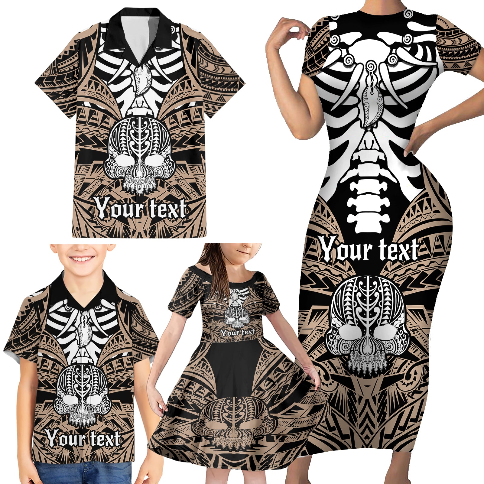 personalised-polynesia-skull-family-matching-short-sleeve-bodycon-dress-and-hawaiian-shirt-with-boars-tusk-gold-arty-vibe