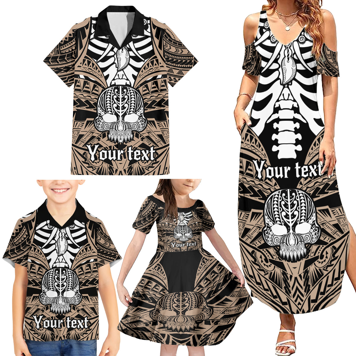 personalised-polynesia-skull-family-matching-summer-maxi-dress-and-hawaiian-shirt-with-boars-tusk-gold-arty-vibe