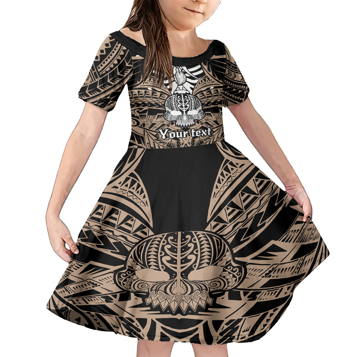 Personalised Polynesia Skull Kid Short Sleeve Dress With Boars Tusk Gold Arty Vibe LT9 KID Gold - Polynesian Pride