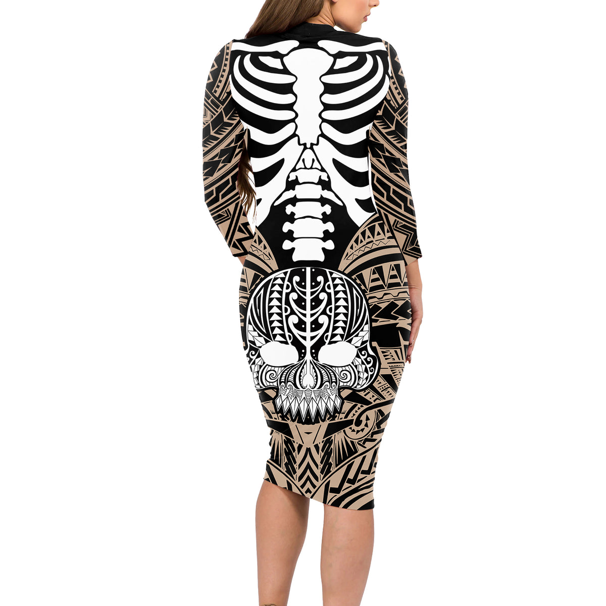 Personalised Polynesia Skull Long Sleeve Bodycon Dress With Boars Tusk Gold Arty Vibe LT9 - Polynesian Pride